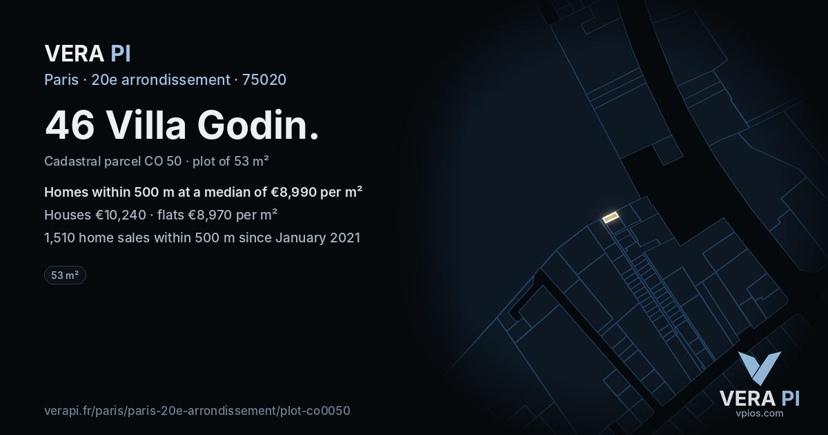 46 Villa Godin, 20e arrondissement at night – the plot lit, the parcels around coloured by the prices near them