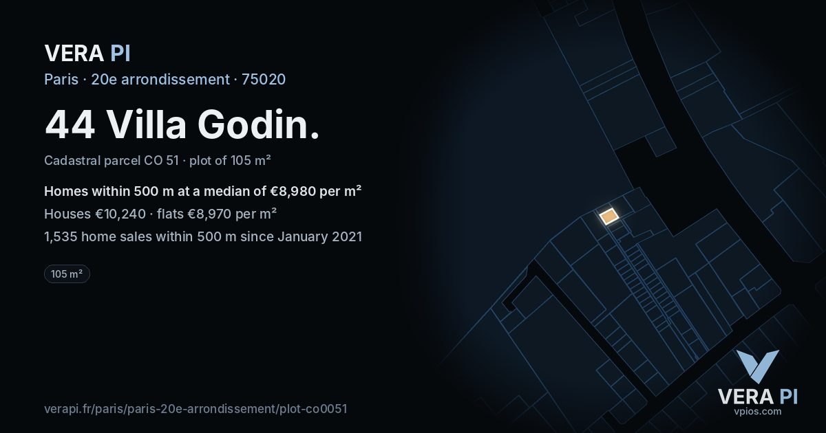 44 Villa Godin, 20e arrondissement at night – the plot lit, the parcels around coloured by the prices near them