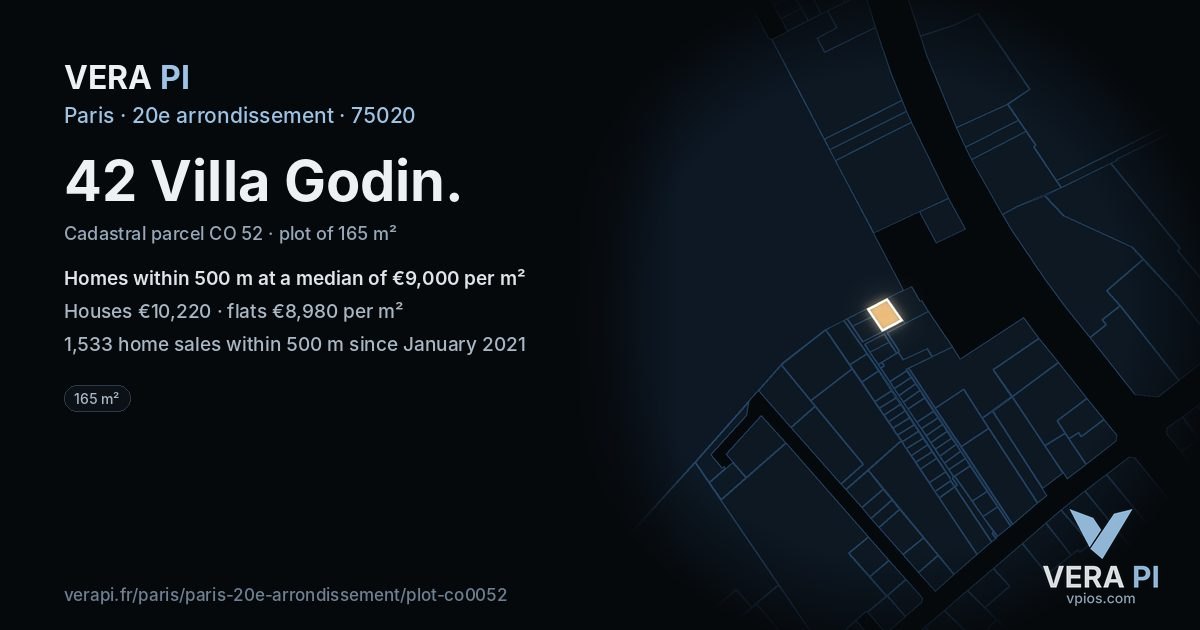 42 Villa Godin, 20e arrondissement at night – the plot lit, the parcels around coloured by the prices near them