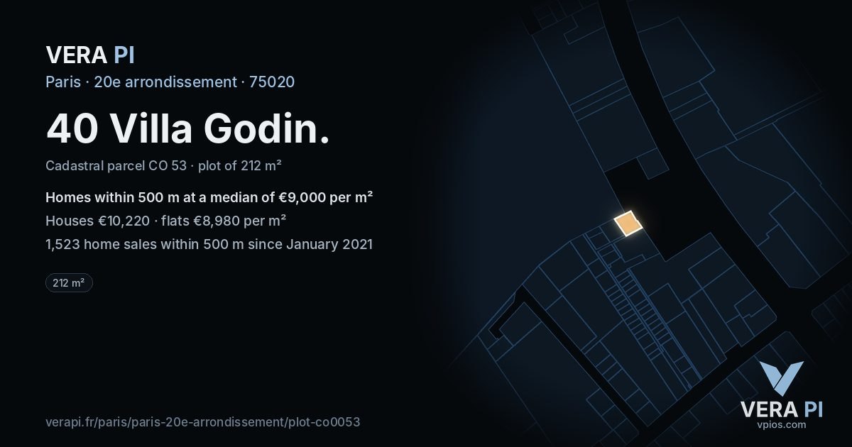 40 Villa Godin, 20e arrondissement at night – the plot lit, the parcels around coloured by the prices near them