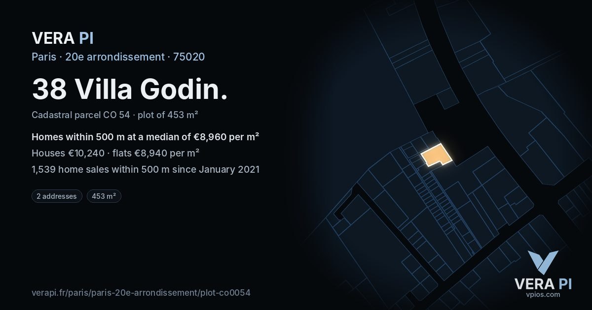 38 Villa Godin, 20e arrondissement at night – the plot lit, the parcels around coloured by the prices near them