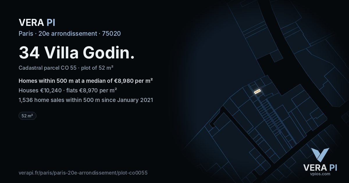 34 Villa Godin, 20e arrondissement at night – the plot lit, the parcels around coloured by the prices near them