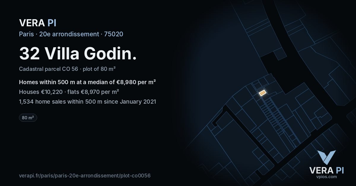 32 Villa Godin, 20e arrondissement at night – the plot lit, the parcels around coloured by the prices near them