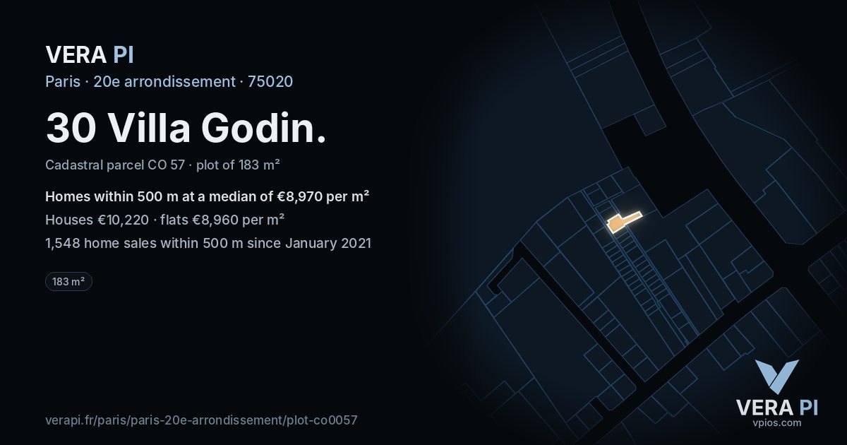 30 Villa Godin, 20e arrondissement at night – the plot lit, the parcels around coloured by the prices near them