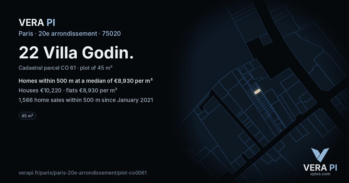 22 Villa Godin, 20e arrondissement at night – the plot lit, the parcels around coloured by the prices near them