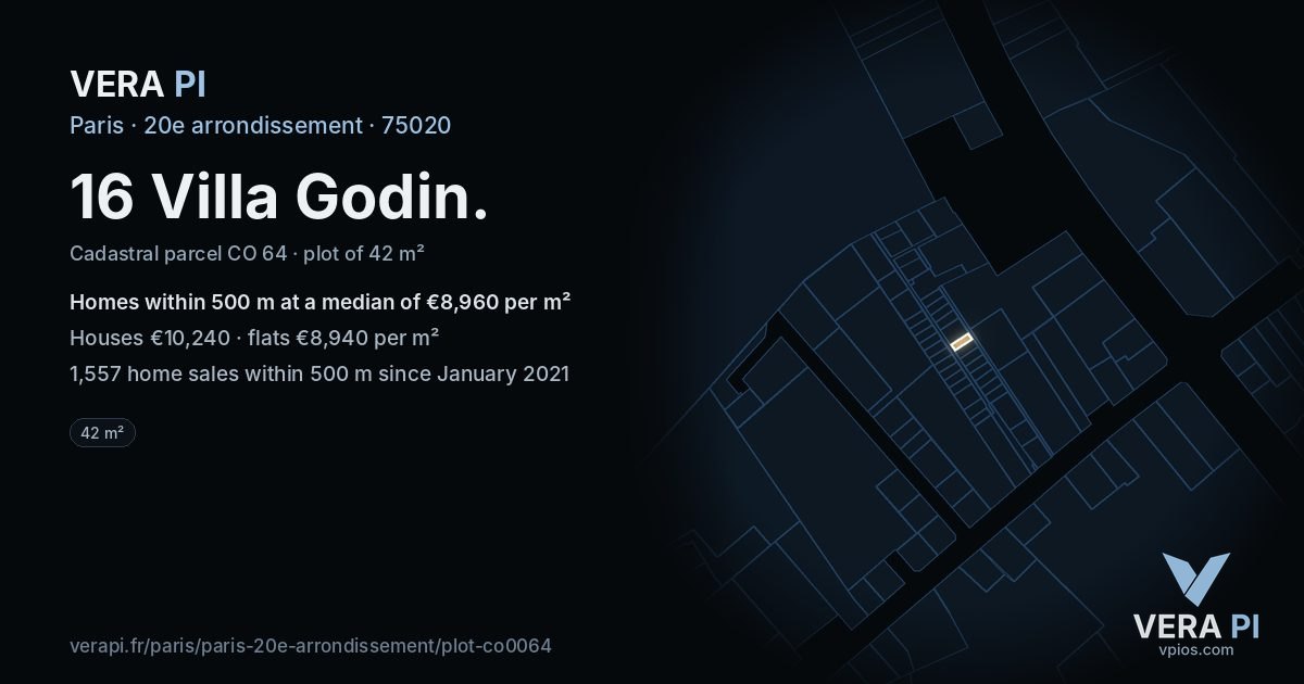 16 Villa Godin, 20e arrondissement at night – the plot lit, the parcels around coloured by the prices near them