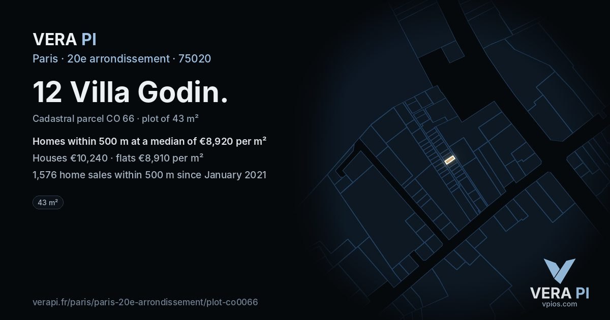 12 Villa Godin, 20e arrondissement at night – the plot lit, the parcels around coloured by the prices near them