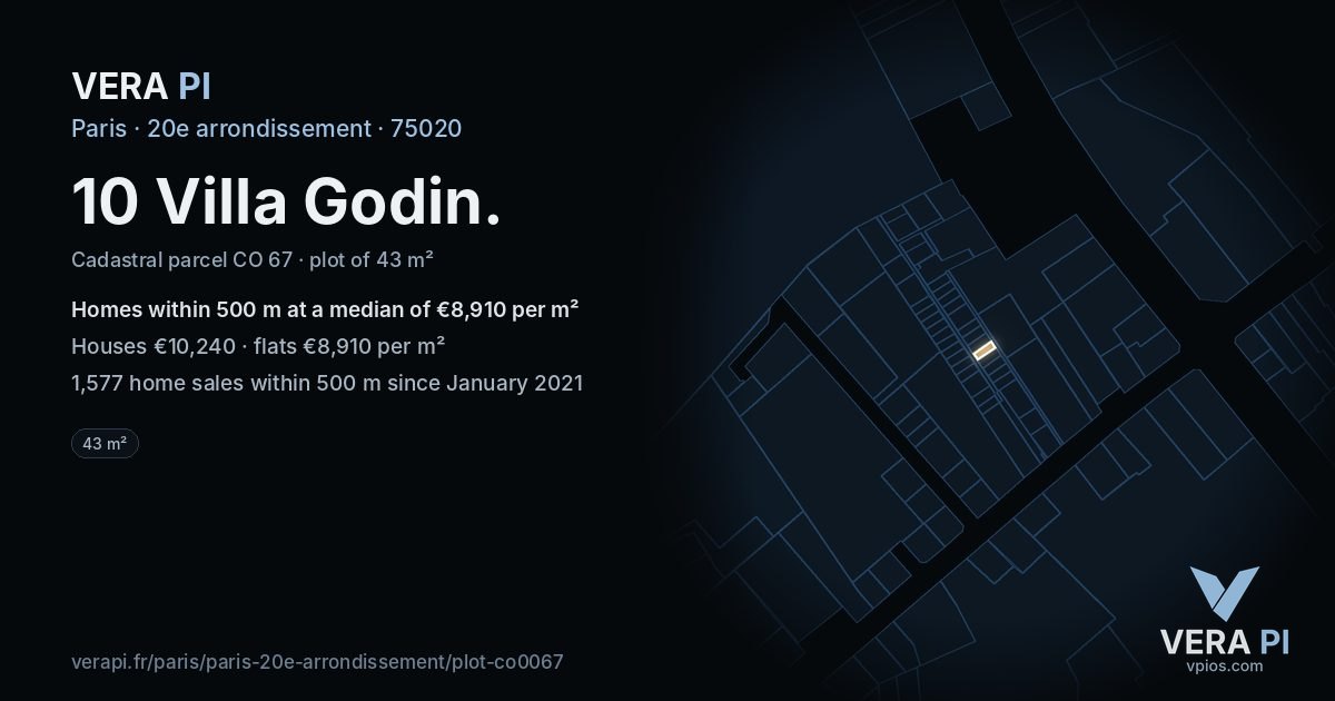 10 Villa Godin, 20e arrondissement at night – the plot lit, the parcels around coloured by the prices near them