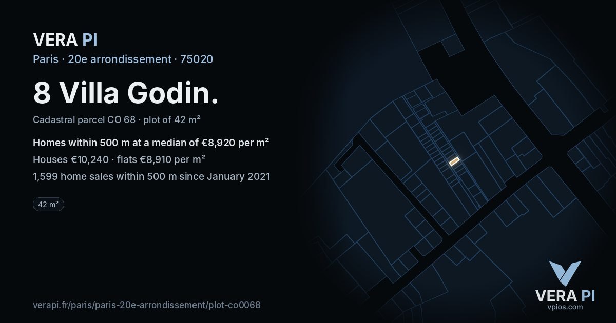 8 Villa Godin, 20e arrondissement at night – the plot lit, the parcels around coloured by the prices near them