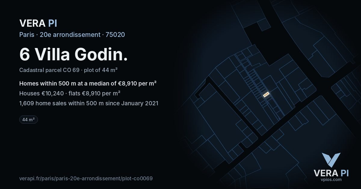 6 Villa Godin, 20e arrondissement at night – the plot lit, the parcels around coloured by the prices near them