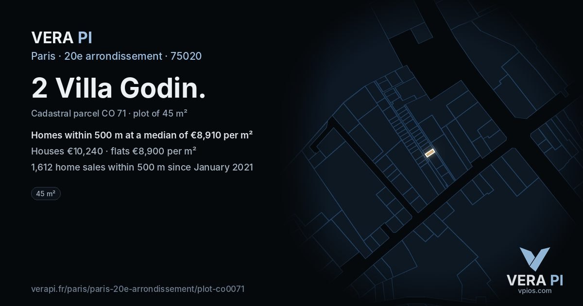 2 Villa Godin, 20e arrondissement at night – the plot lit, the parcels around coloured by the prices near them