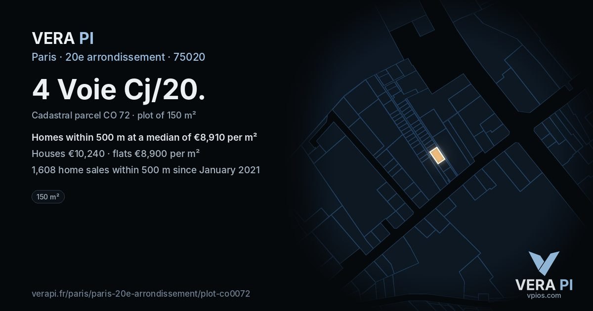4 Voie Cj/20, 20e arrondissement at night – the plot lit, the parcels around coloured by the prices near them