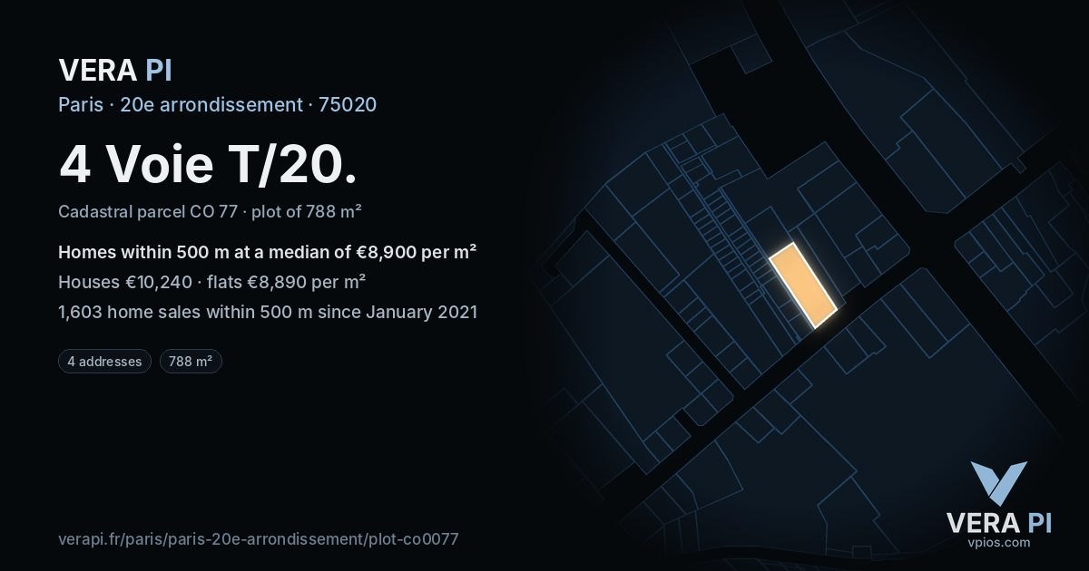 4 Voie T/20, 20e arrondissement at night – the plot lit, the parcels around coloured by the prices near them