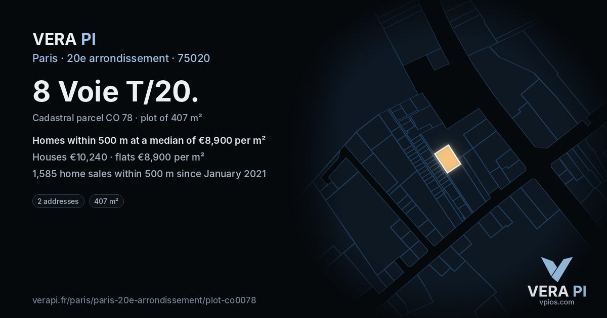 8 Voie T/20, 20e arrondissement at night – the plot lit, the parcels around coloured by the prices near them