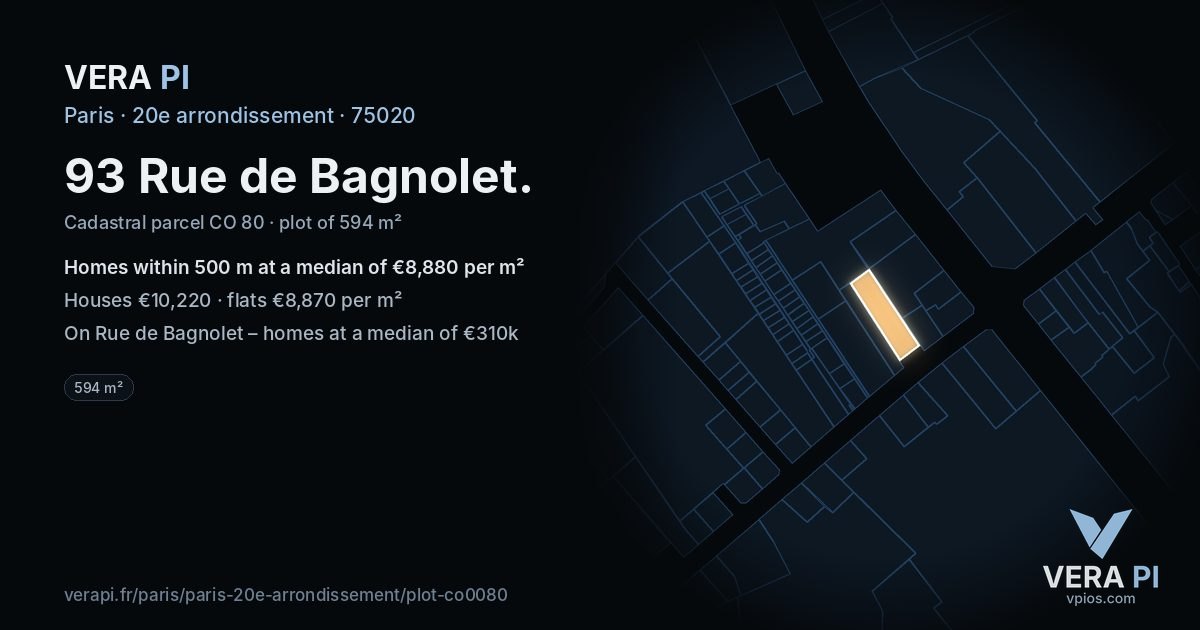 93 Rue de Bagnolet, 20e arrondissement at night – the plot lit, the parcels around coloured by the prices near them