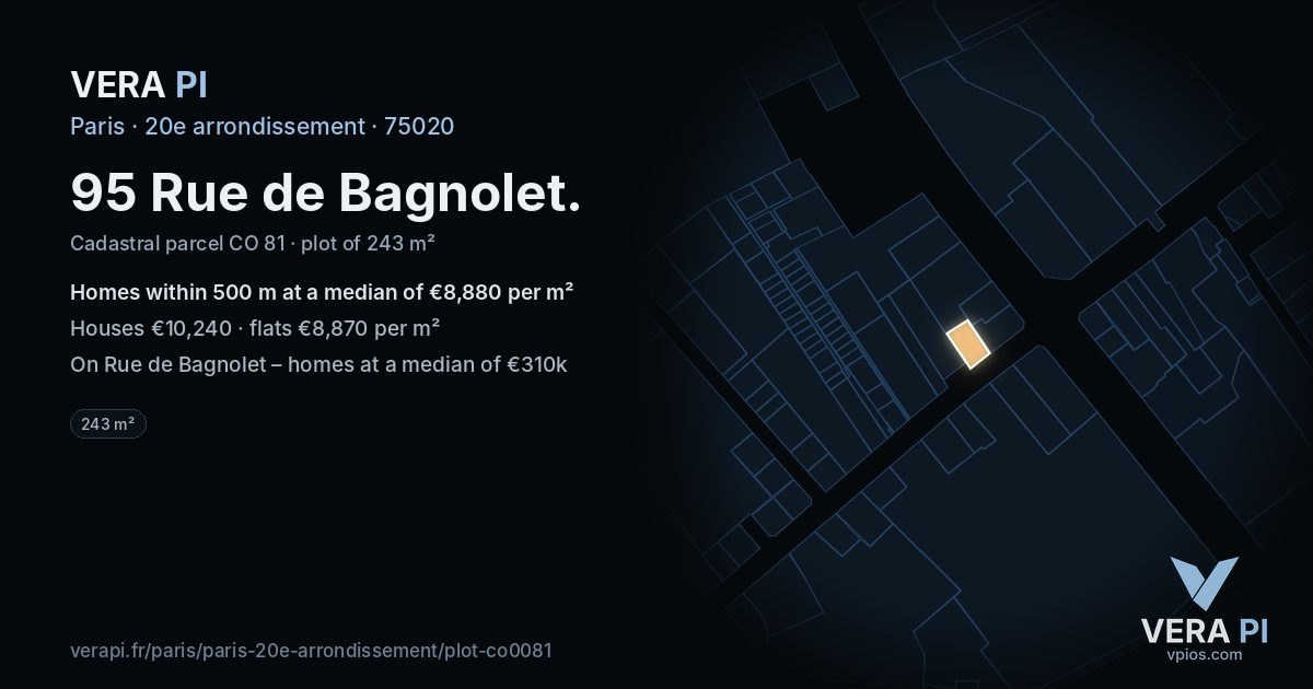 95 Rue de Bagnolet, 20e arrondissement at night – the plot lit, the parcels around coloured by the prices near them