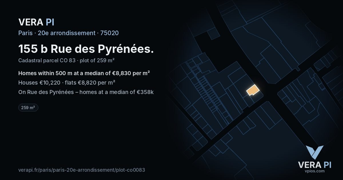 155 b Rue des Pyrénées, 20e arrondissement at night – the plot lit, the parcels around coloured by the prices near them