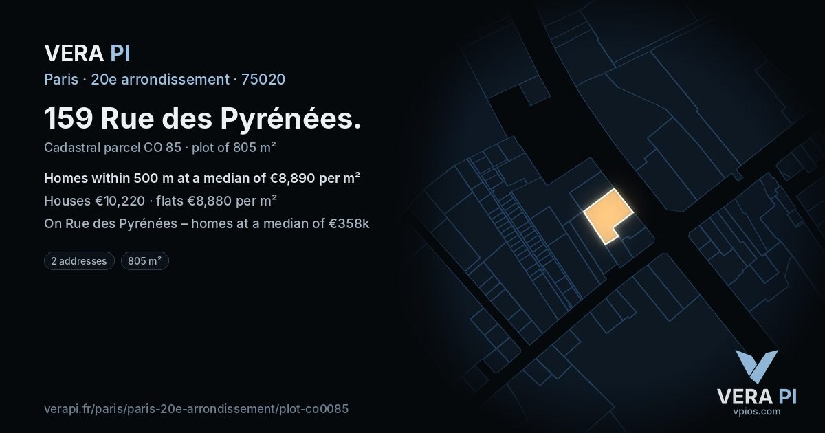159 Rue des Pyrénées, 20e arrondissement at night – the plot lit, the parcels around coloured by the prices near them