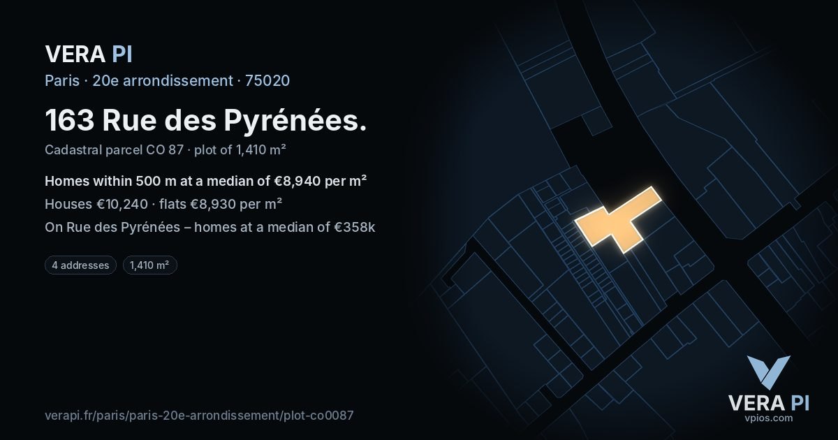 163 Rue des Pyrénées, 20e arrondissement at night – the plot lit, the parcels around coloured by the prices near them