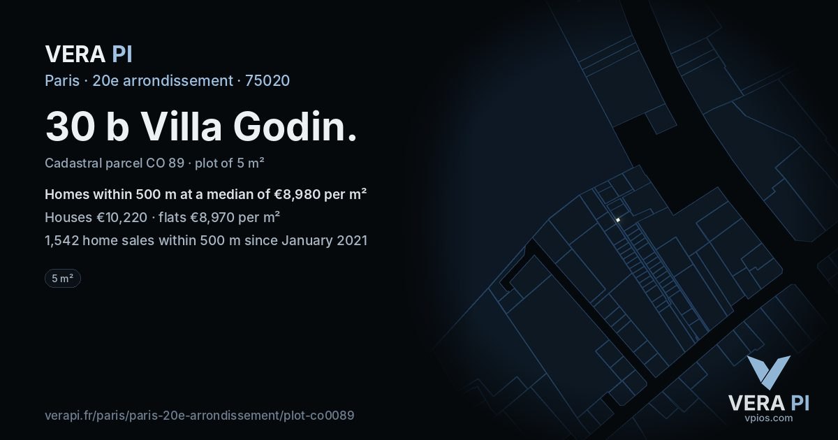 30 b Villa Godin, 20e arrondissement at night – the plot lit, the parcels around coloured by the prices near them