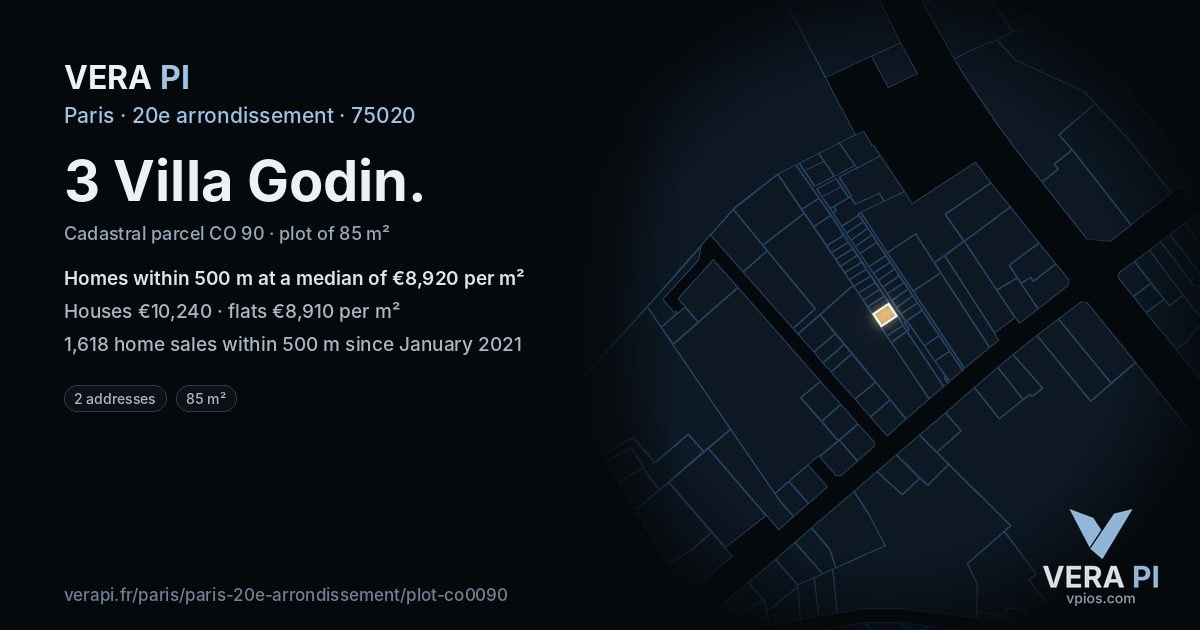 3 Villa Godin, 20e arrondissement at night – the plot lit, the parcels around coloured by the prices near them