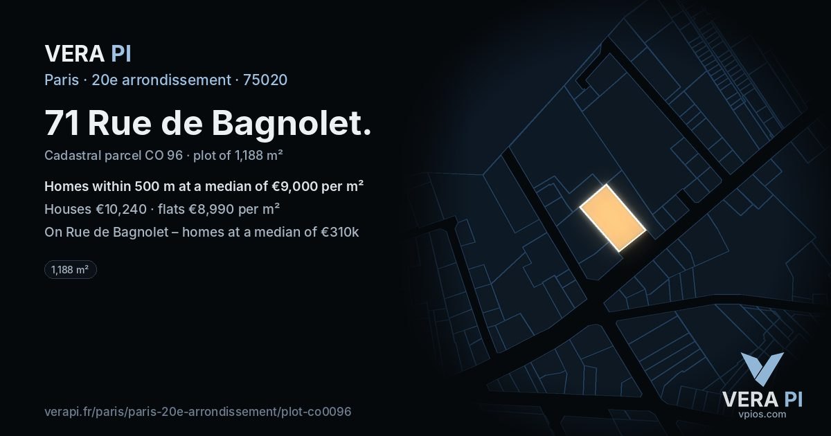 71 Rue de Bagnolet, 20e arrondissement at night – the plot lit, the parcels around coloured by the prices near them