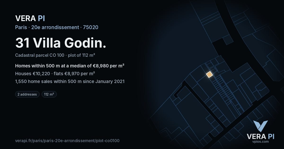 31 Villa Godin, 20e arrondissement at night – the plot lit, the parcels around coloured by the prices near them