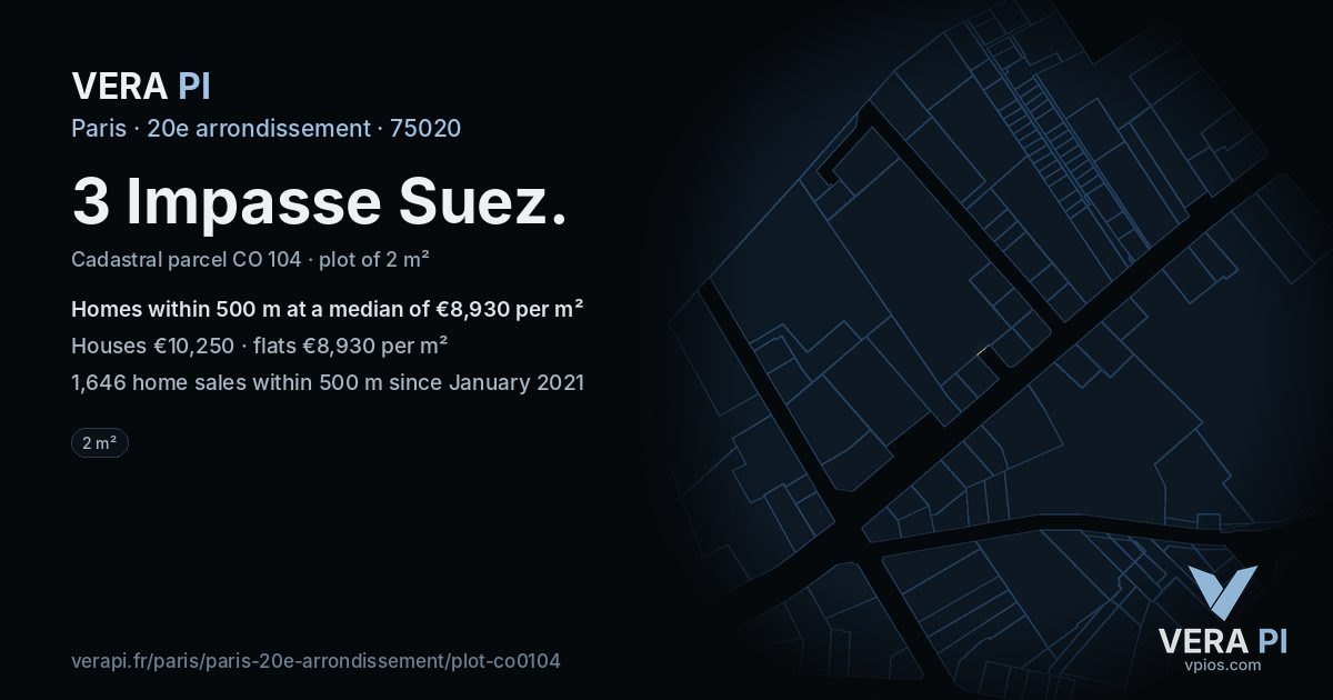 3 Impasse Suez, 20e arrondissement at night – the plot lit, the parcels around coloured by the prices near them