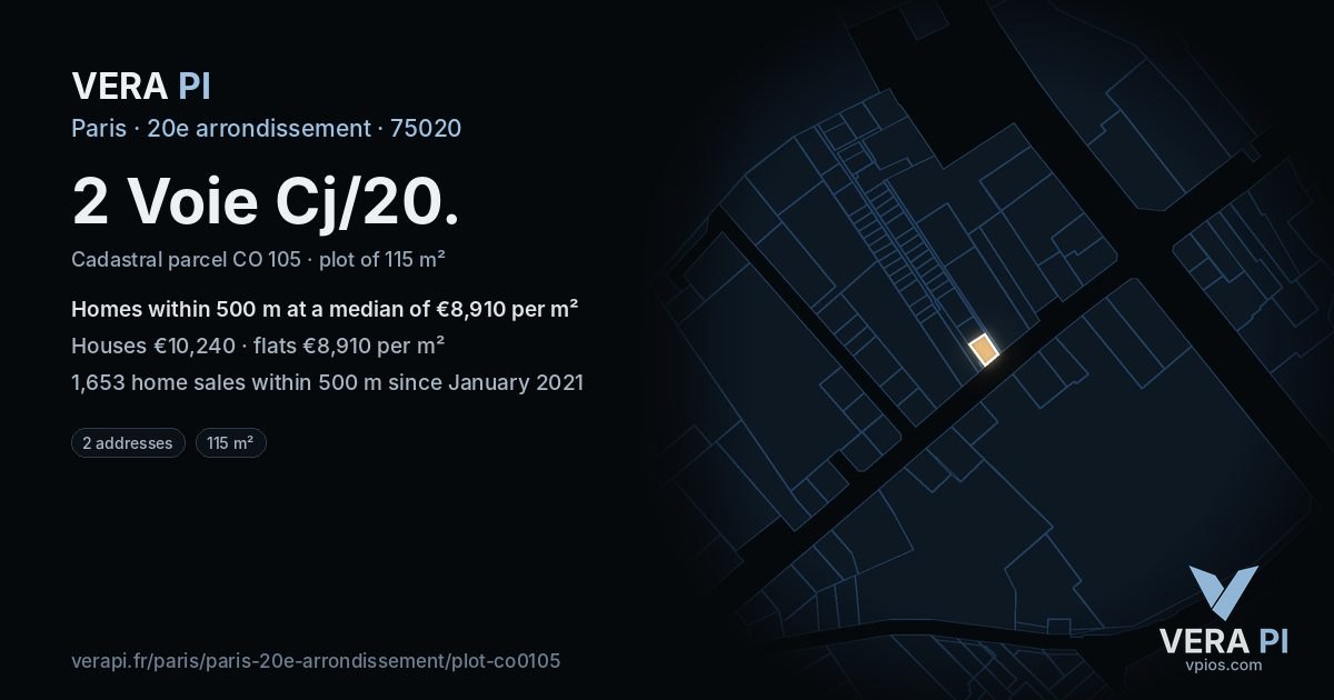 2 Voie Cj/20, 20e arrondissement at night – the plot lit, the parcels around coloured by the prices near them