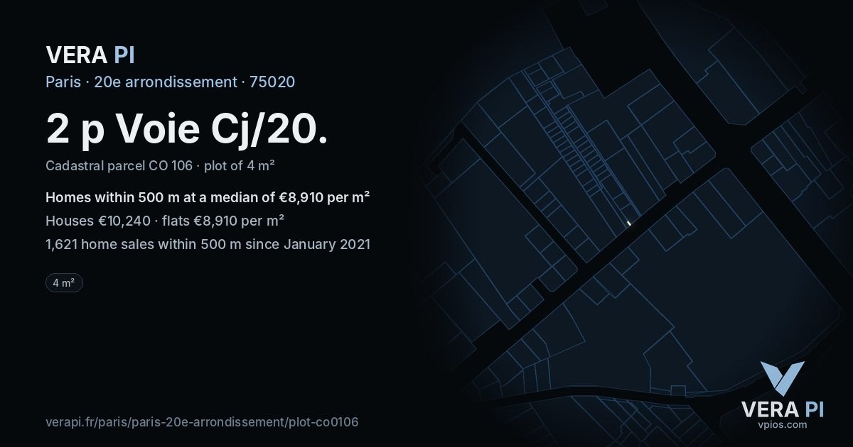 2 p Voie Cj/20, 20e arrondissement at night – the plot lit, the parcels around coloured by the prices near them