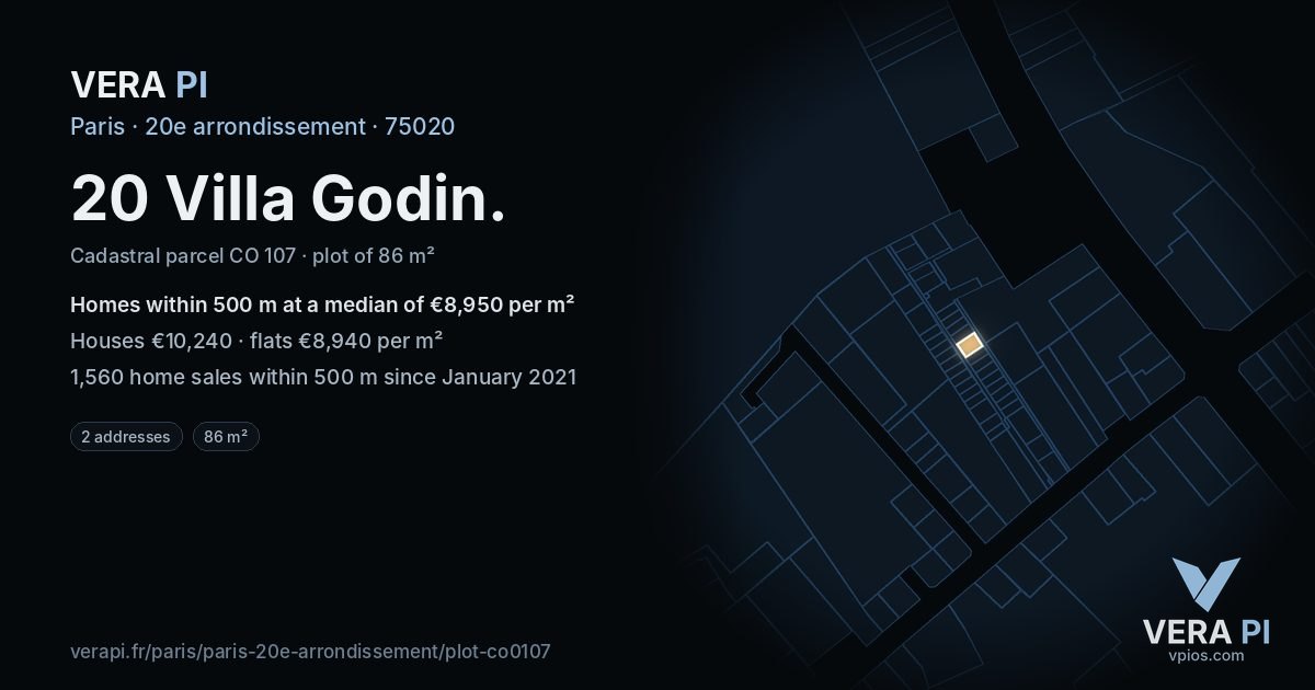 20 Villa Godin, 20e arrondissement at night – the plot lit, the parcels around coloured by the prices near them