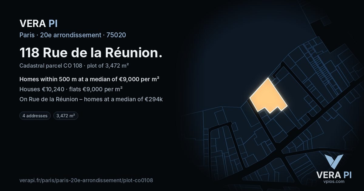 118 Rue de la Réunion, 20e arrondissement at night – the plot lit, the parcels around coloured by the prices near them