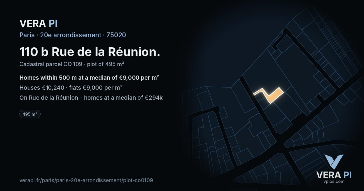 110 b Rue de la Réunion, 20e arrondissement at night – the plot lit, the parcels around coloured by the prices near them