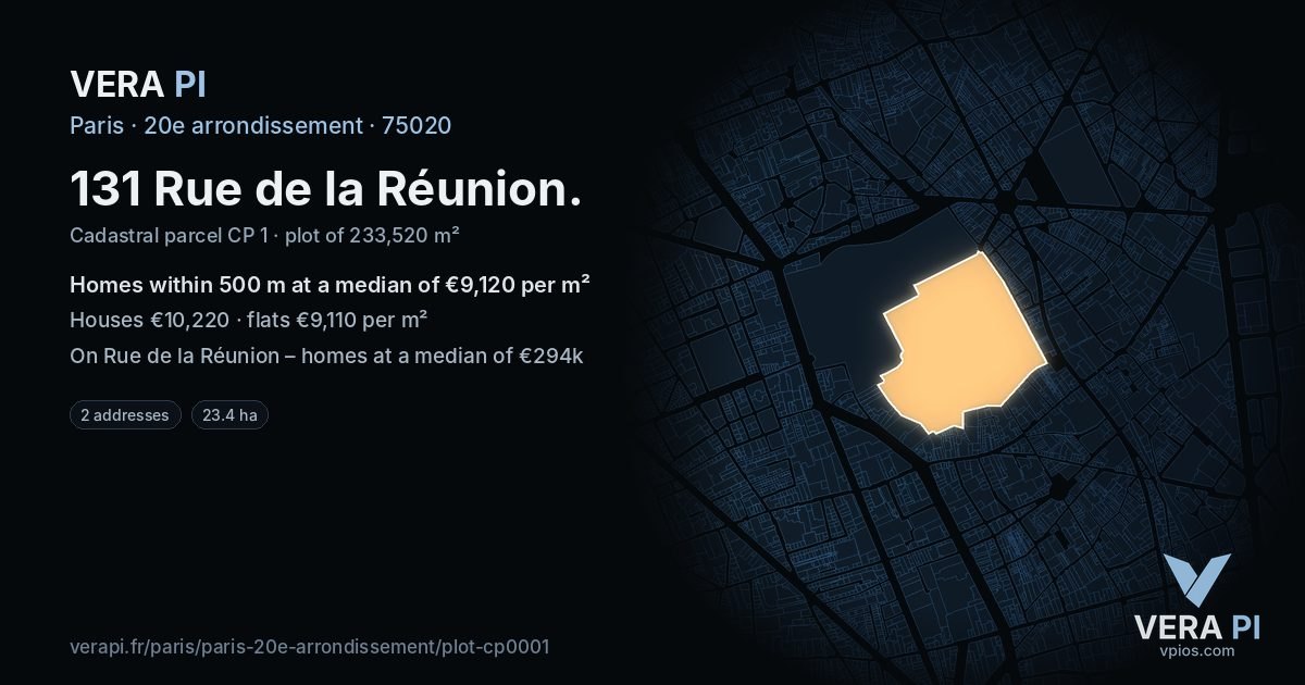 131 Rue de la Réunion, 20e arrondissement at night – the plot lit, the parcels around coloured by the prices near them