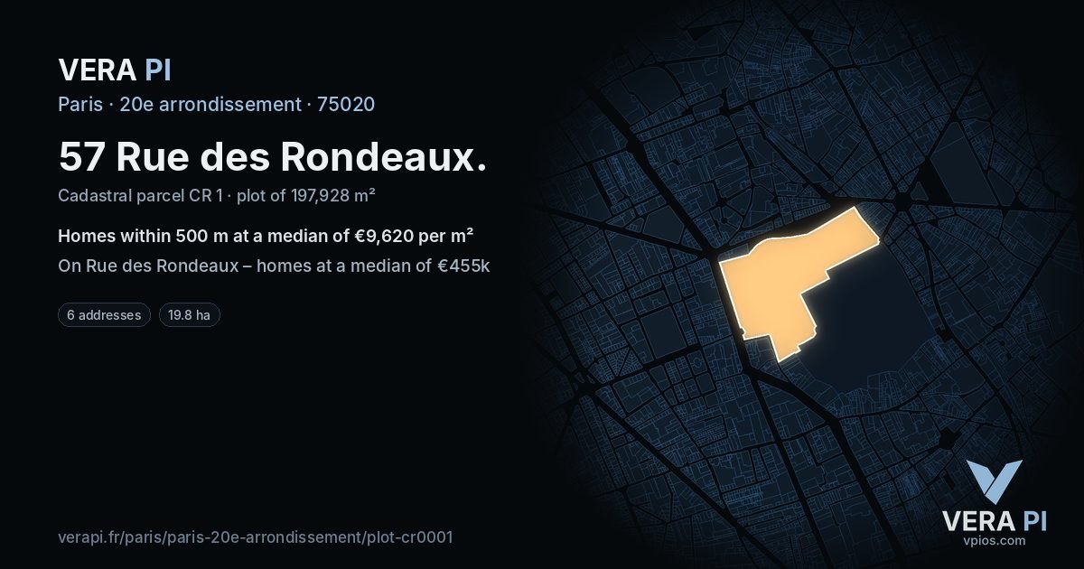 57 Rue des Rondeaux, 20e arrondissement at night – the plot lit, the parcels around coloured by the prices near them