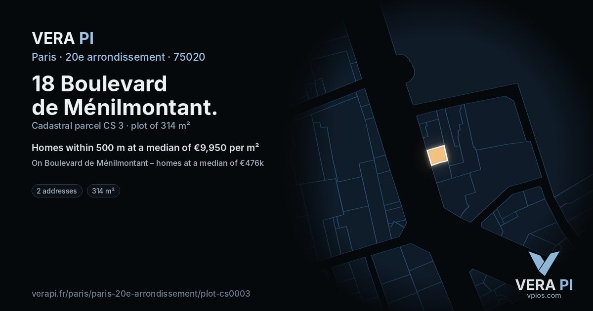 18 Boulevard de Ménilmontant, 20e arrondissement at night – the plot lit, the parcels around coloured by the prices near them