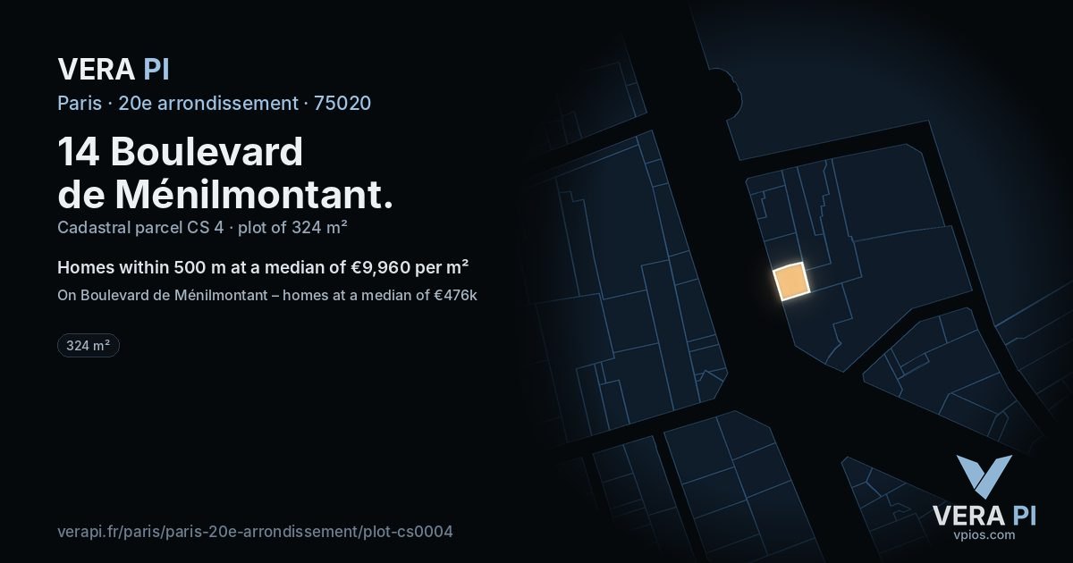14 Boulevard de Ménilmontant, 20e arrondissement at night – the plot lit, the parcels around coloured by the prices near them