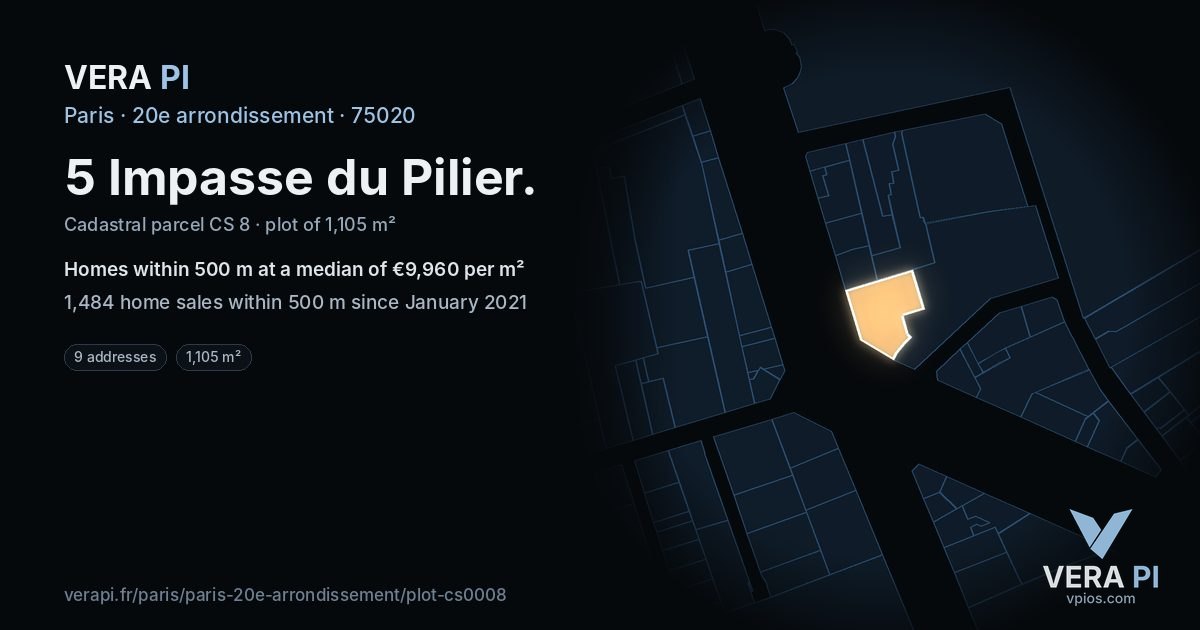 5 Impasse du Pilier, 20e arrondissement at night – the plot lit, the parcels around coloured by the prices near them