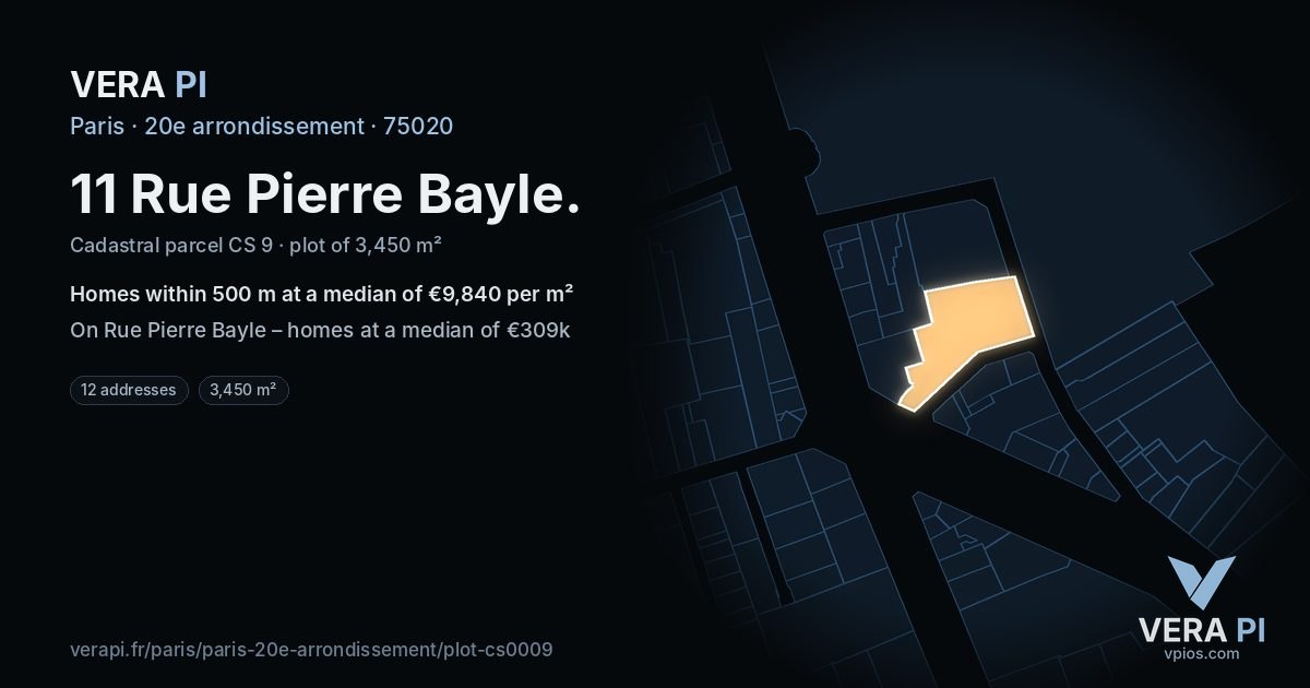 11 Rue Pierre Bayle, 20e arrondissement at night – the plot lit, the parcels around coloured by the prices near them