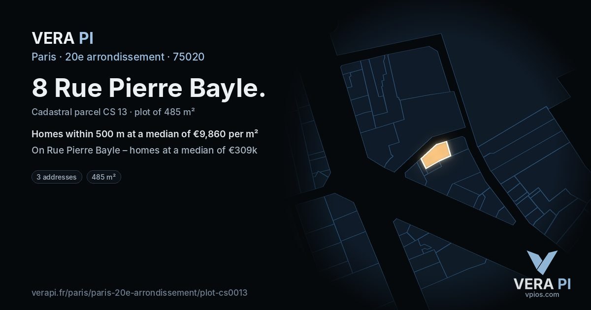 8 Rue Pierre Bayle, 20e arrondissement at night – the plot lit, the parcels around coloured by the prices near them