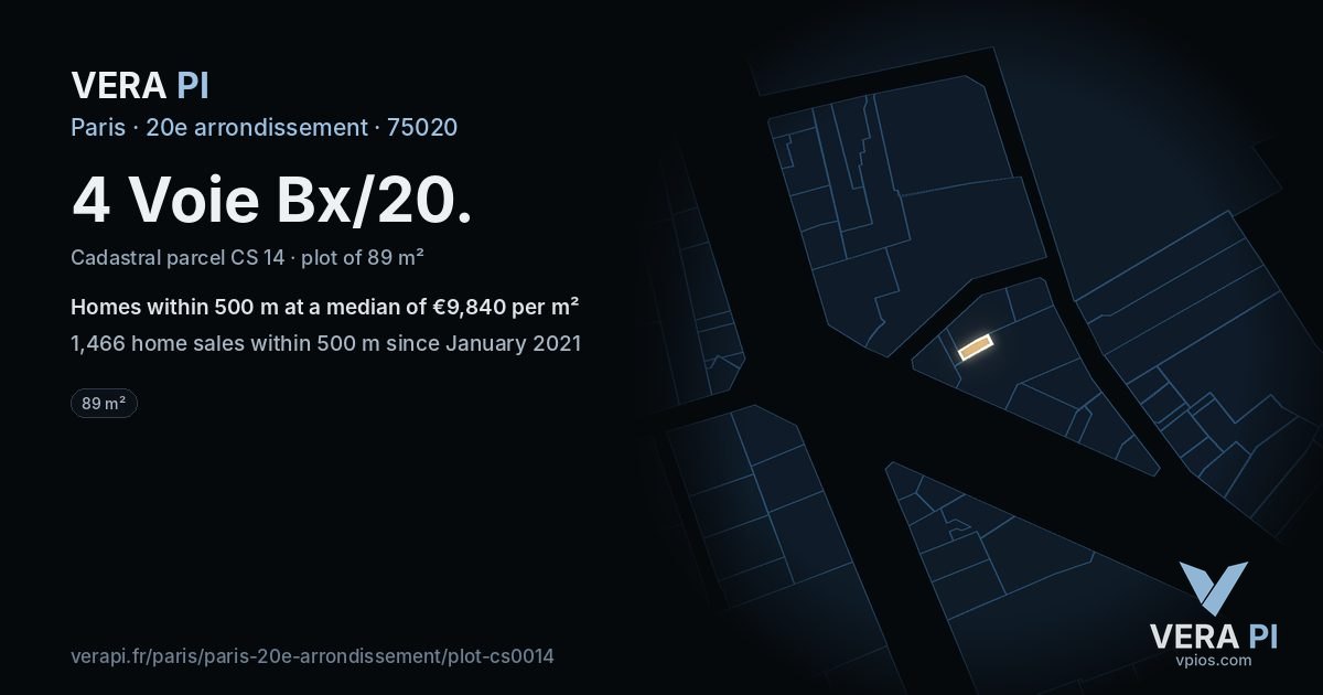 4 Voie Bx/20, 20e arrondissement at night – the plot lit, the parcels around coloured by the prices near them