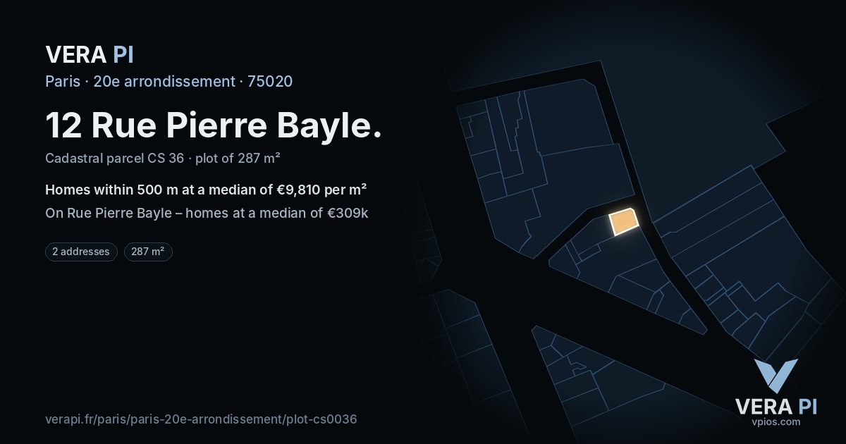 12 Rue Pierre Bayle, 20e arrondissement at night – the plot lit, the parcels around coloured by the prices near them