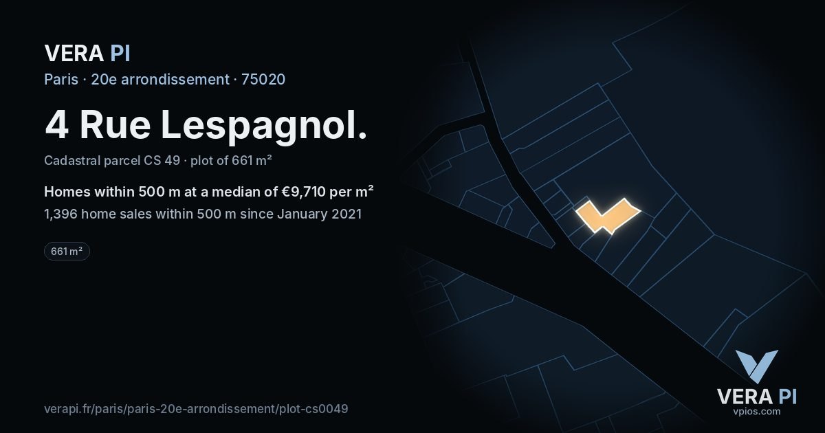 4 Rue Lespagnol, 20e arrondissement at night – the plot lit, the parcels around coloured by the prices near them