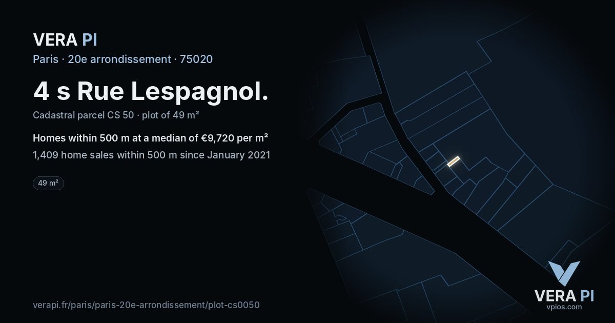 4 s Rue Lespagnol, 20e arrondissement at night – the plot lit, the parcels around coloured by the prices near them