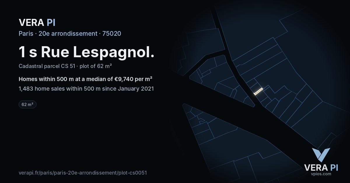 1 s Rue Lespagnol, 20e arrondissement at night – the plot lit, the parcels around coloured by the prices near them