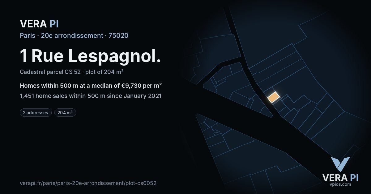 1 Rue Lespagnol, 20e arrondissement at night – the plot lit, the parcels around coloured by the prices near them