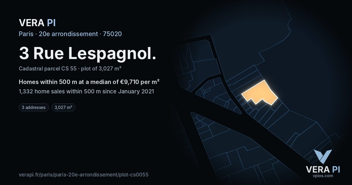 3 Rue Lespagnol, 20e arrondissement at night – the plot lit, the parcels around coloured by the prices near them