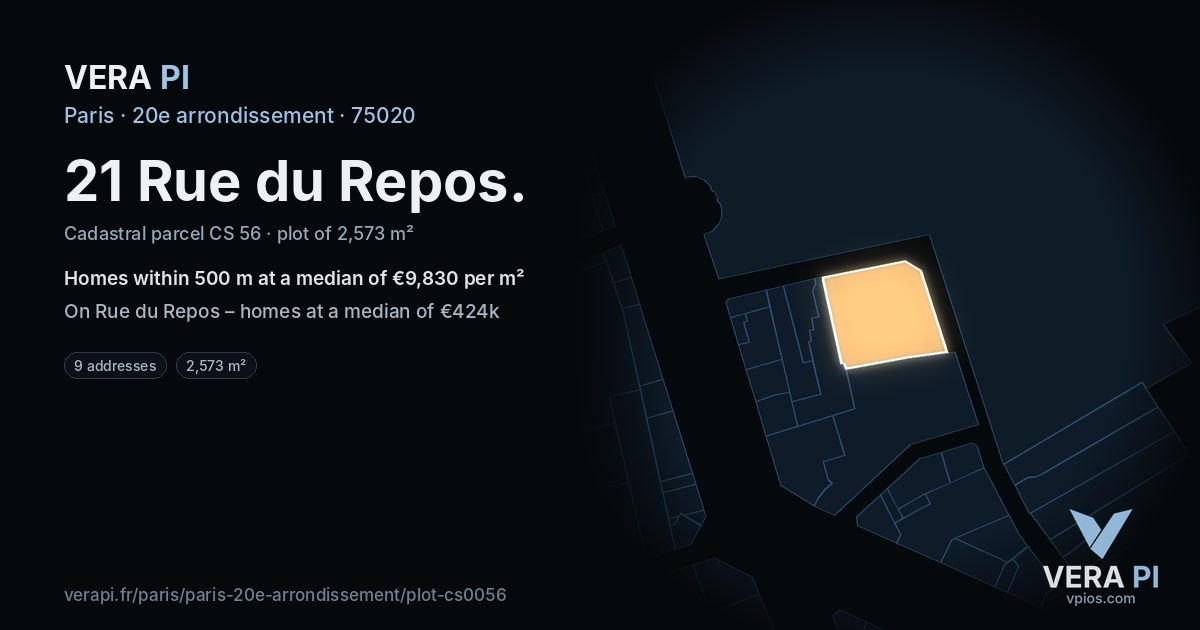 21 Rue du Repos, 20e arrondissement at night – the plot lit, the parcels around coloured by the prices near them