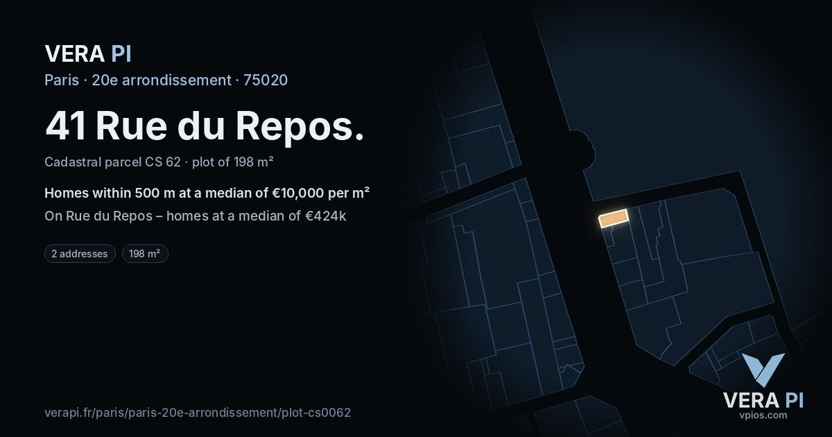 41 Rue du Repos, 20e arrondissement at night – the plot lit, the parcels around coloured by the prices near them