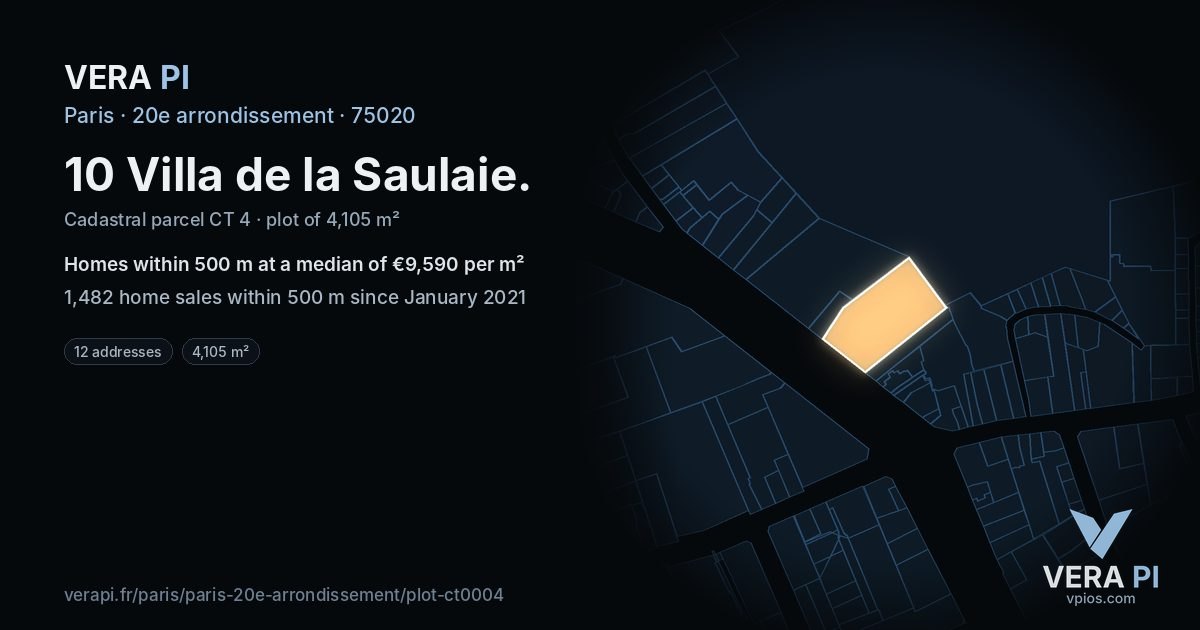 10 Villa de la Saulaie, 20e arrondissement at night – the plot lit, the parcels around coloured by the prices near them